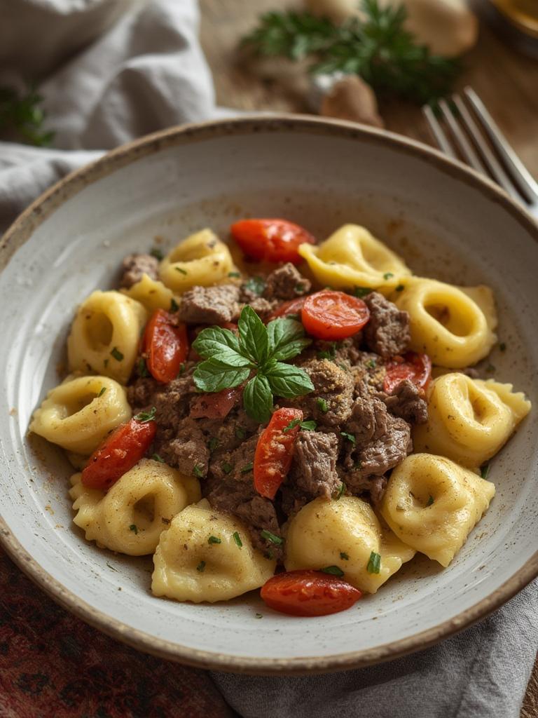 Garlic Steak Tortellini served