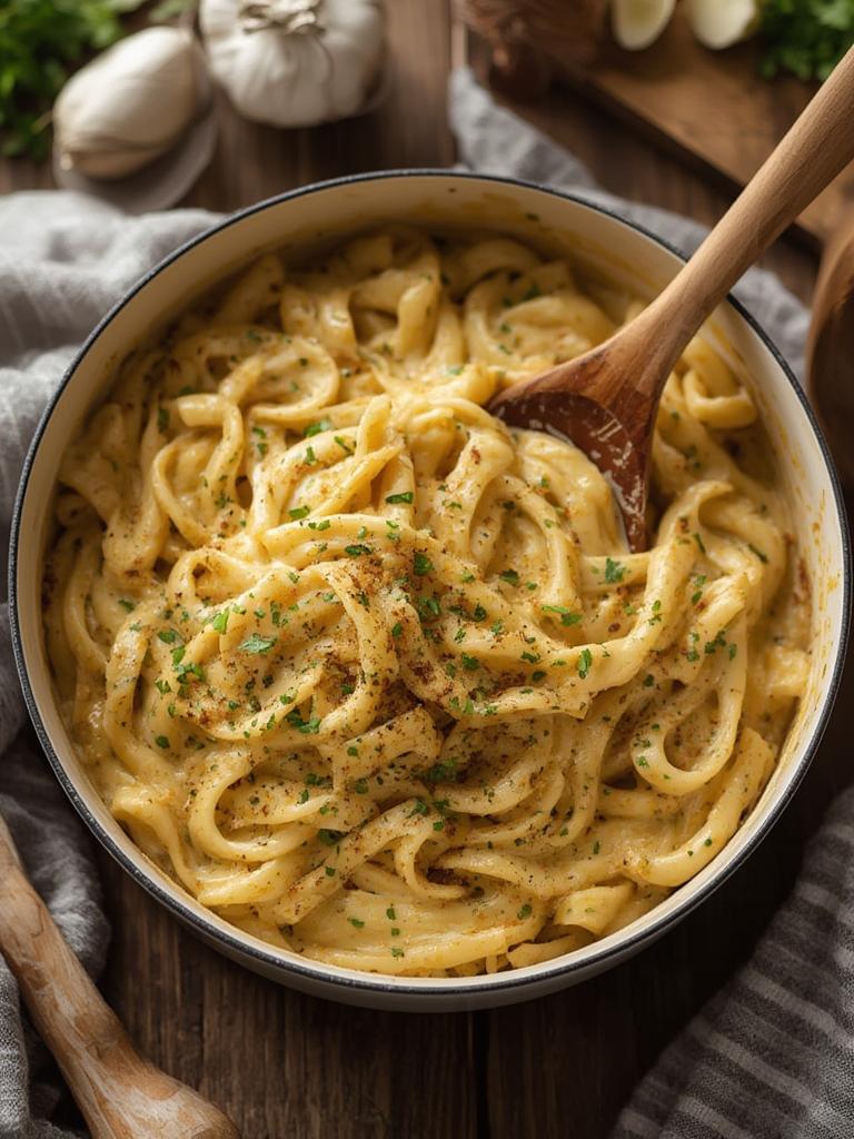 One Pot Creamy Garlic Pasta served