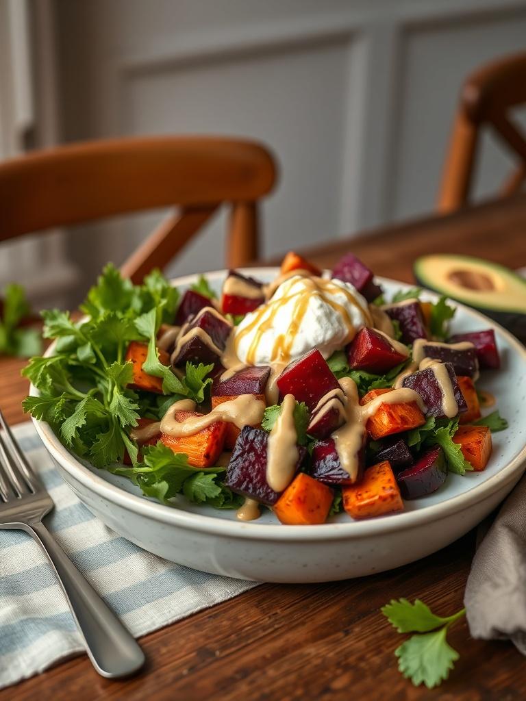 Roasted Beet, Sweet Potato & Avocado Salad with Whipped Ricotta & Lemon-Tahini Drizzle